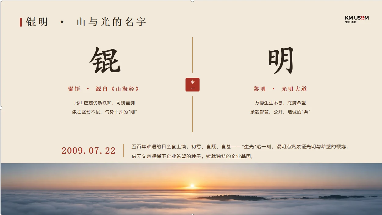 锟明品牌名释义图:左为「锟」,取自《山海经》锟铻山,蕴藏可铸宝剑的优质铁矿,象征坚韧不拔的刚;右为「明」,取黎明与光明大道之意,象征生生不息的柔;两字中间以「合一」印章相连,下方注明 2009 年 7 月 22 日日全食「生光」时刻为企业起点,底部为云海日出照片