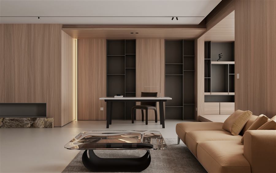 会客区木饰面墙搭配深色开放柜与浅棕布艺沙发