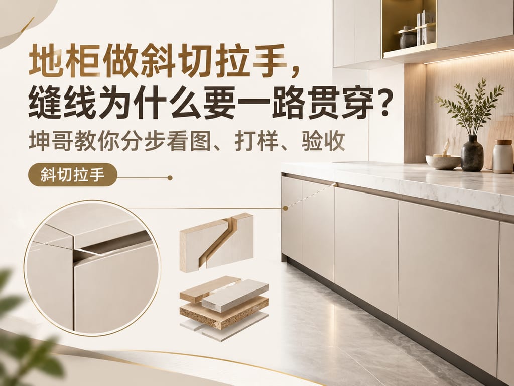 地柜做斜切拉手,缝线为什么要一路贯穿?坤哥教你分步看图、打样、验收
