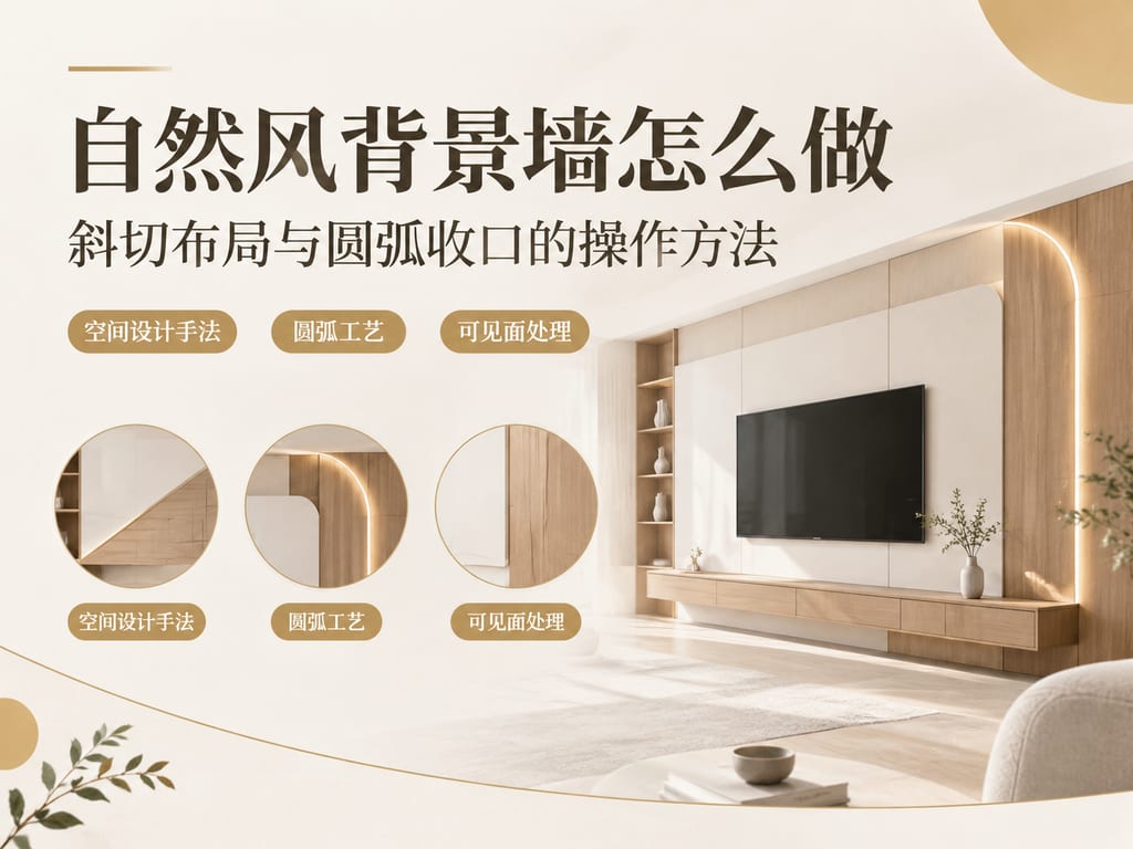 自然风背景墙怎么做:斜切布局与圆弧收口的操作方法