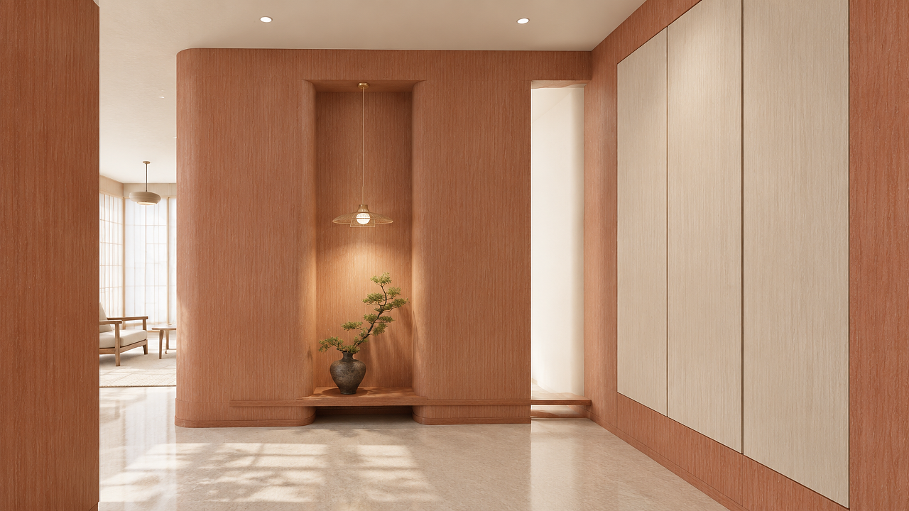 日式风玄关效果图:柜身丹霞石韵、柜门云崖石韵的全屋定制柜体