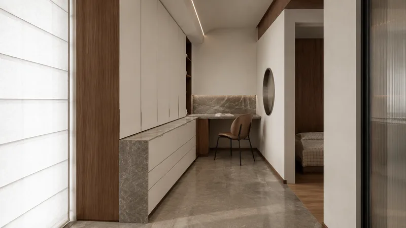 意式极简走廊效果图：柜身栗川胡桃、柜门素色705的全屋定制柜体