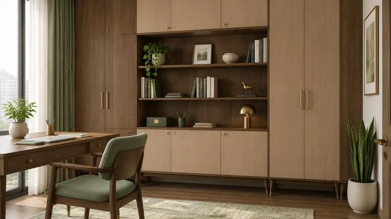 中古风书房效果图：柜身月影丹红、柜门禅意原橡的全屋定制柜体