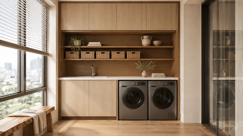 原木风阳台效果图：柜身非凡银杏、柜门姑苏浅松的全屋定制柜体