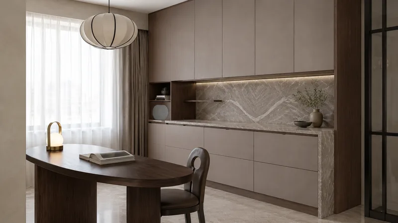 意式极简书房效果图：柜身东方红云、柜门汝窑玉色的全屋定制柜体