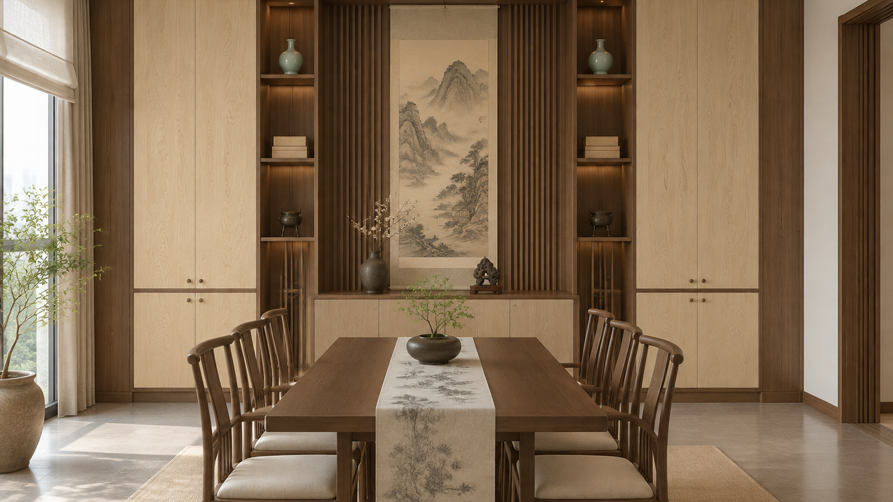 宋式美学餐厅效果图:柜身素木观岩、柜门素溪木印的全屋定制柜体