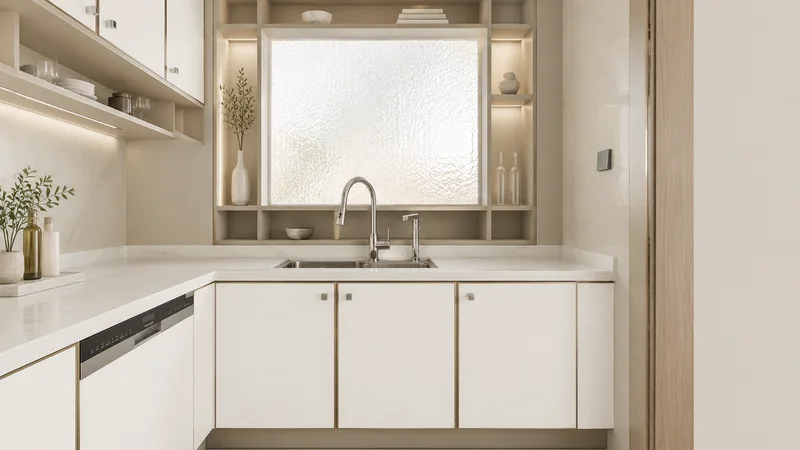 轻奢风厨房效果图：柜身素色705、柜门米白的全屋定制柜体