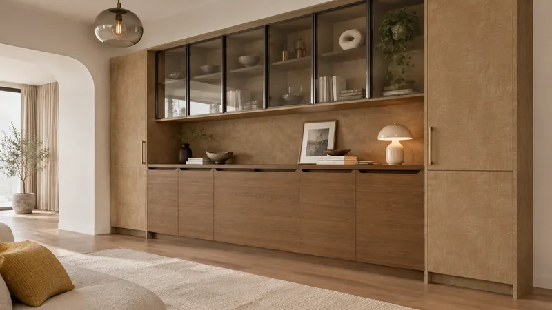 中古风走廊效果图：柜身琥珀木影、柜门素木观岩的全屋定制柜体