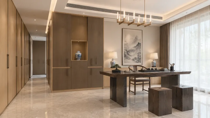 新中式书房效果图：柜身科技木23号、柜门可丽芙沉香的全屋定制柜体
