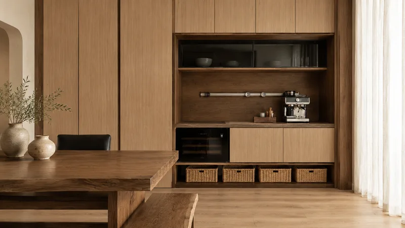 原木风厨房效果图：柜身茶林刀影、柜门金边原橡的全屋定制柜体
