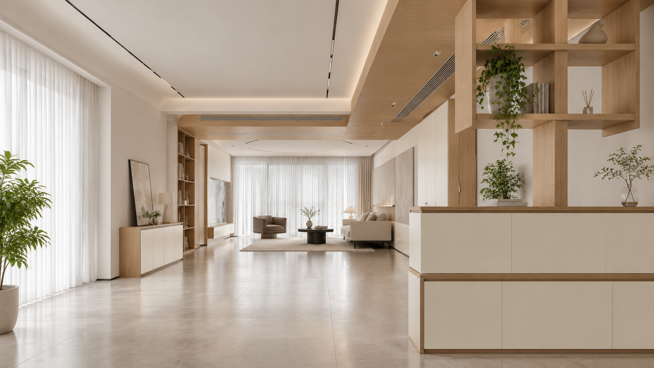 现代简约走廊效果图:柜身九洲金辉、柜门米白 肤感的全屋定制柜体