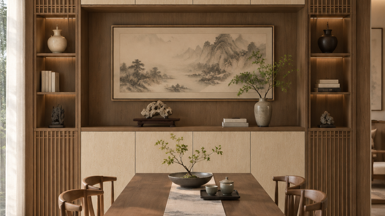 宋式美学餐厅效果图:柜身素木观岩、柜门素溪木印的全屋定制柜体