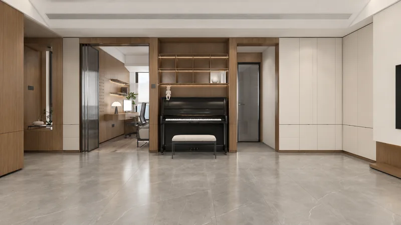 现代简约书房效果图：柜身长安黄胡桃、柜门原浆藕荷的全屋定制柜体