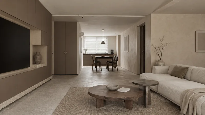 侘寂风客厅效果图：柜身朝阳浅麻、柜门FENIX-06(金马伦)的全屋定制柜体
