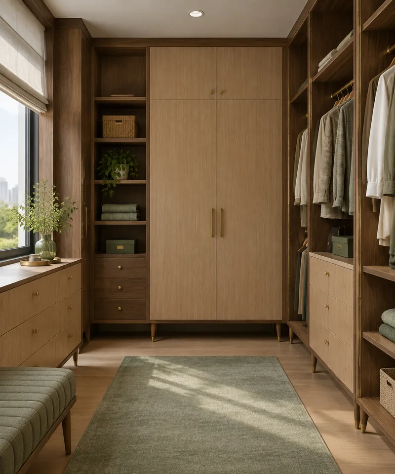 中古风衣帽间效果图：柜身月影丹红、柜门禅意原橡的全屋定制柜体