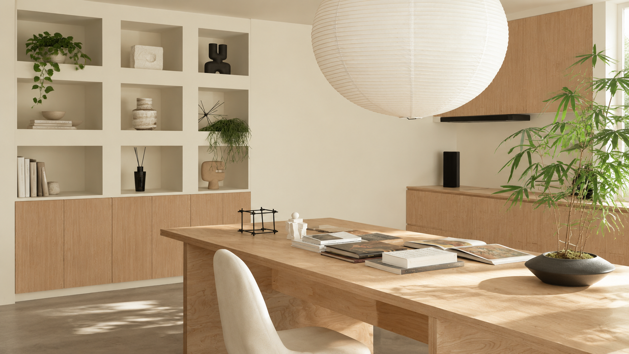 原木风书房效果图:柜身FENIX-01(柏林白)、柜门金边原橡的全屋定制柜体
