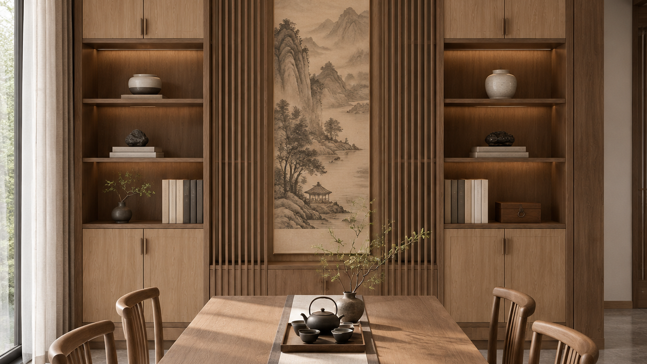 宋式美学餐厅效果图:柜身月影丹红、柜门可丽芙棕橡S155的全屋定制柜体