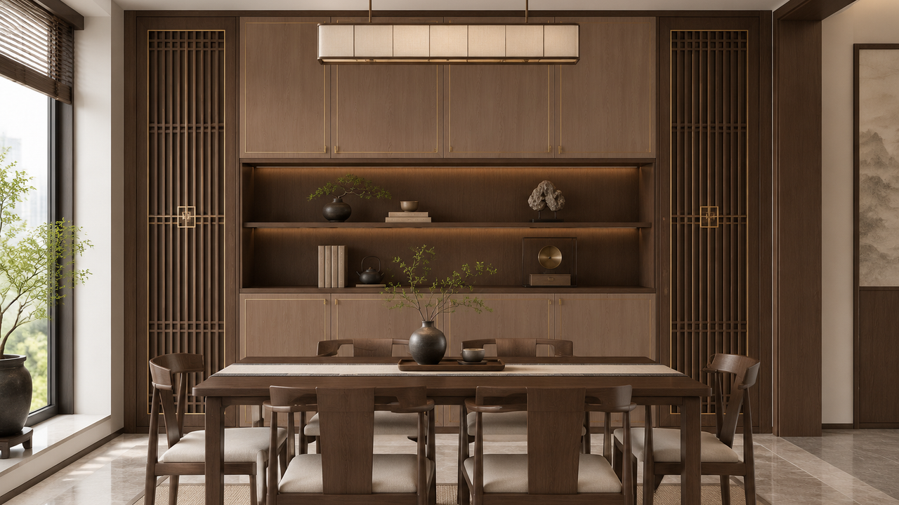 新中式餐厅效果图:柜身东方红云、柜门东方秋韵的全屋定制柜体