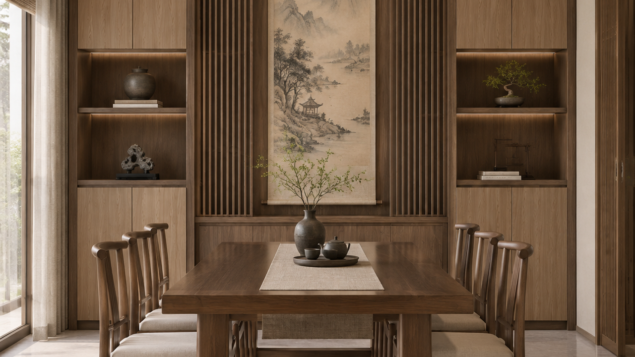 宋式美学餐厅效果图:柜身月影丹红、柜门可丽芙棕橡S155的全屋定制柜体