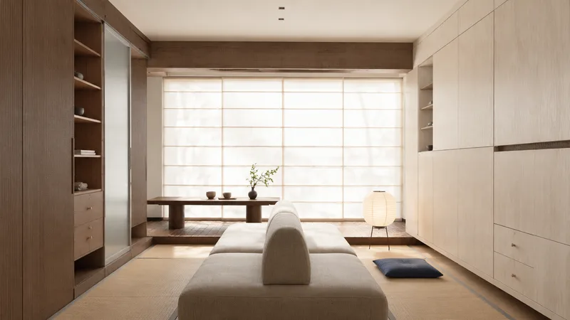 日式风客厅效果图：柜身缕丝尊红、柜门云崖石韵的全屋定制柜体
