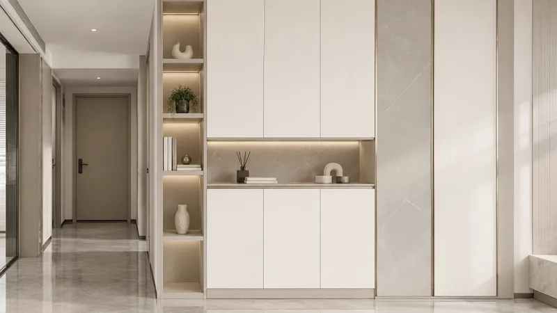 轻奢风走廊效果图：柜身素色705、柜门米白的全屋定制柜体