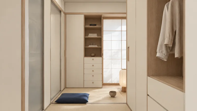 日式风衣帽间效果图：柜身姑苏浅松、柜门象牙白（皮纹）的全屋定制柜体