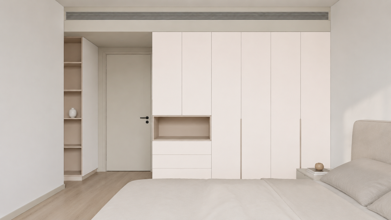 北欧风主卧效果图:柜身素色705、柜门微粉色的全屋定制柜体