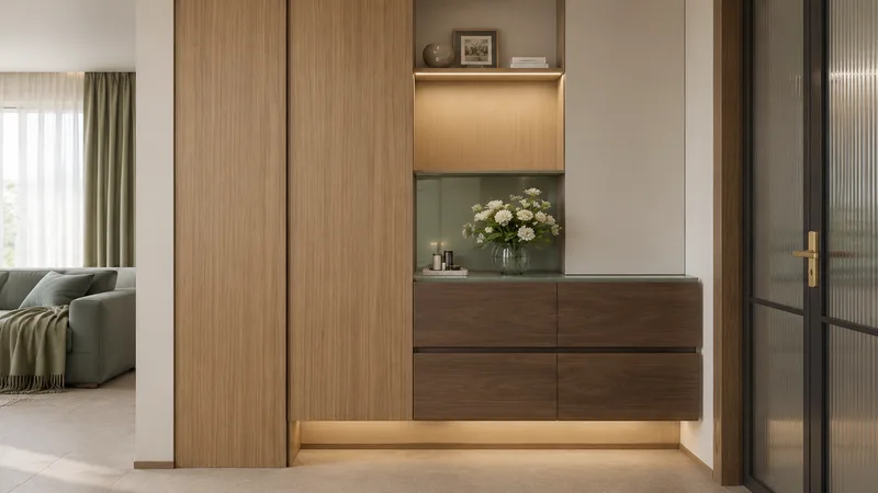 中古风玄关效果图：柜身梦泽黄橡、柜门月影丹红的全屋定制柜体