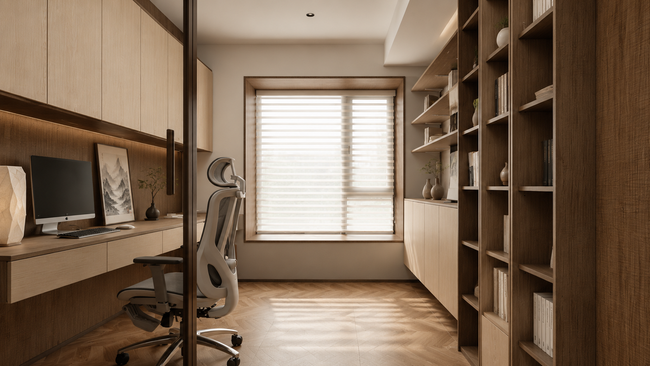 宋式美学书房效果图:柜身茶林刀影、柜门素溪木印的全屋定制柜体