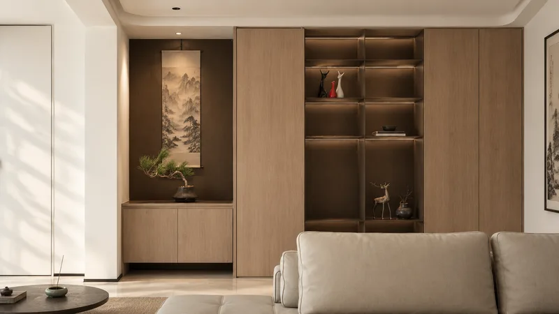 宋式美学玄关效果图：柜身丽芙枣褐皮、柜门禅意原橡的全屋定制柜体