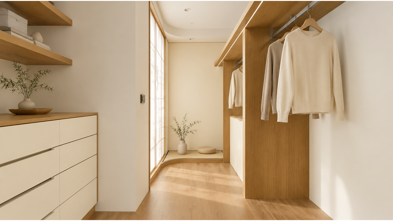 日式风衣帽间效果图:柜身森语栖木、柜门FENIX-03(阿玛菲)的全屋定制柜体