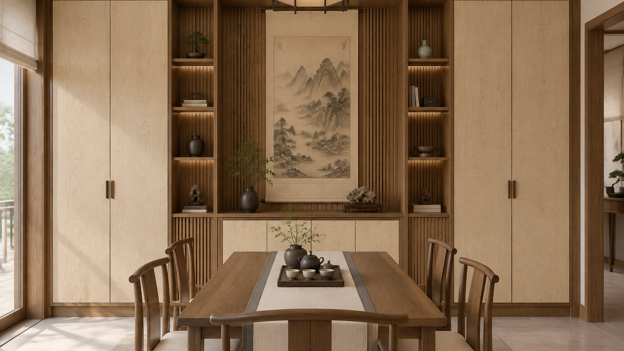 宋式美学餐厅效果图:柜身素木观岩、柜门素溪木印的全屋定制柜体