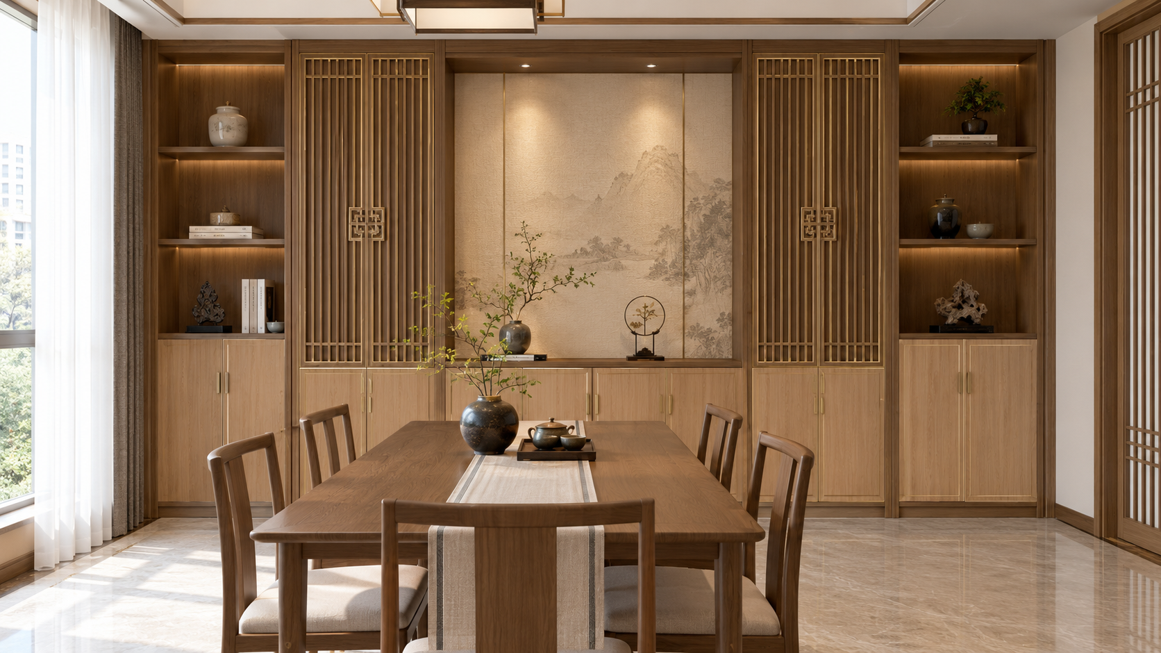 新中式餐厅效果图:柜身素木观岩、柜门金边原橡的全屋定制柜体