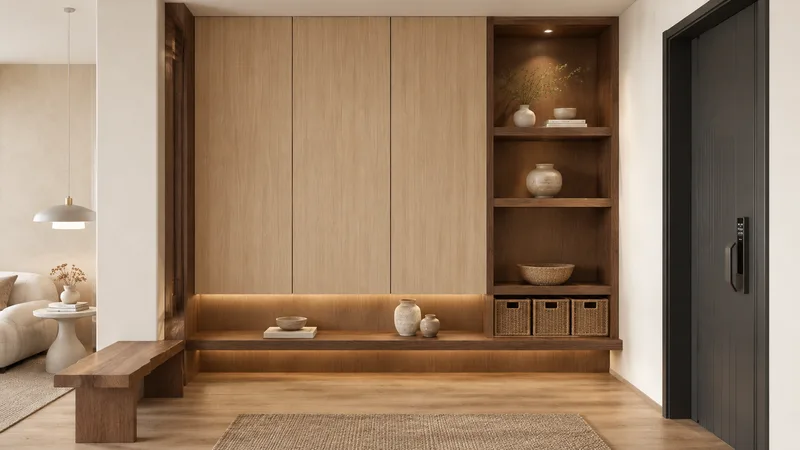 原木风玄关效果图：柜身秋檀深见、柜门姑苏浅松的全屋定制柜体